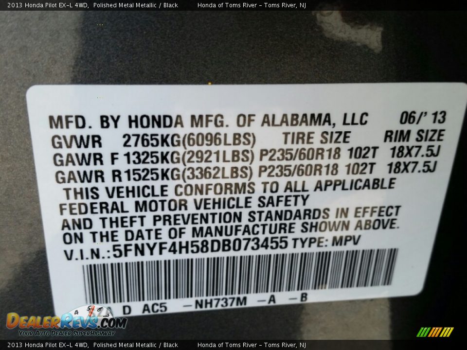 2013 Honda Pilot EX-L 4WD Polished Metal Metallic / Black Photo #18