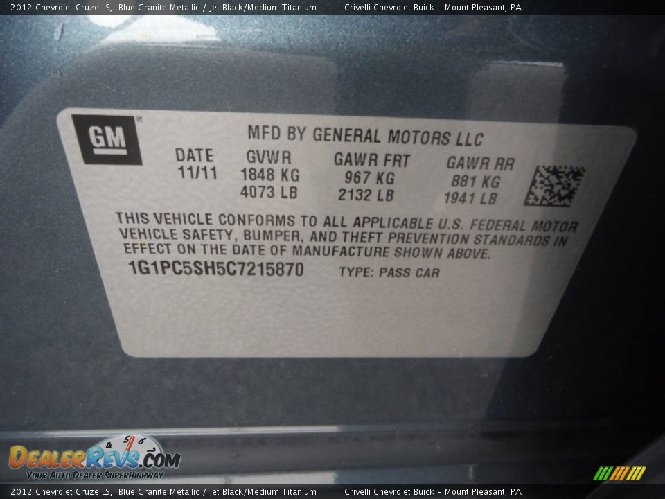2012 Chevrolet Cruze LS Blue Granite Metallic / Jet Black/Medium Titanium Photo #28