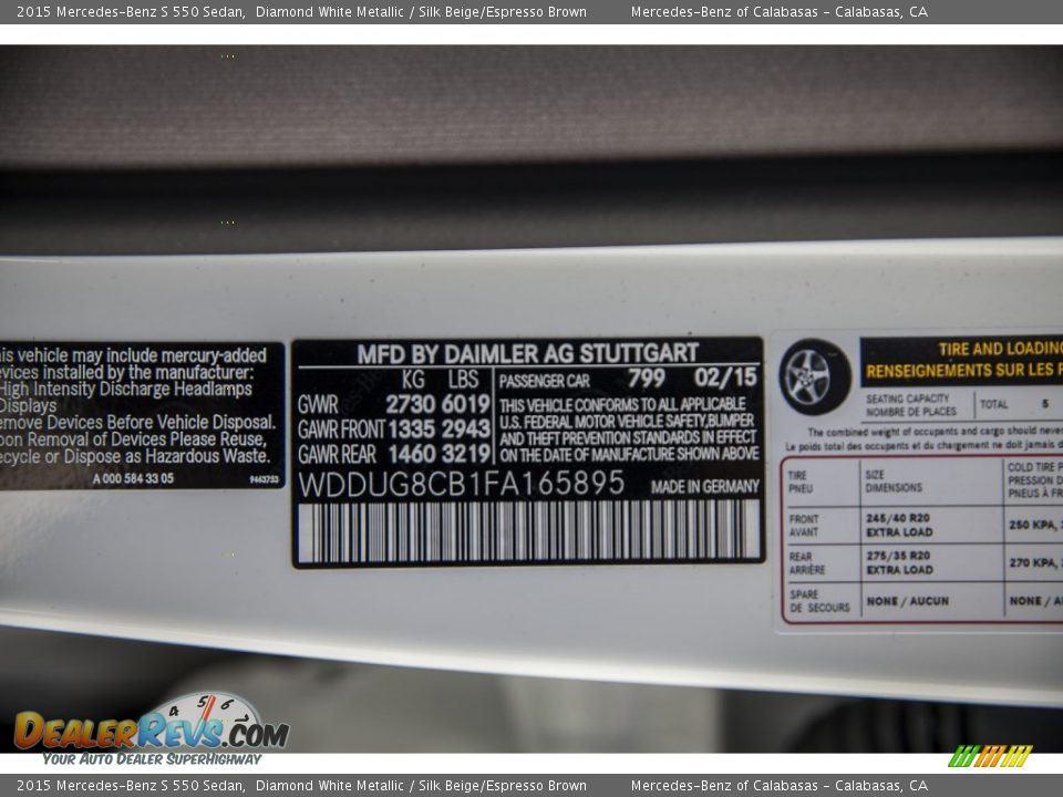 2015 Mercedes-Benz S 550 Sedan Diamond White Metallic / Silk Beige/Espresso Brown Photo #7