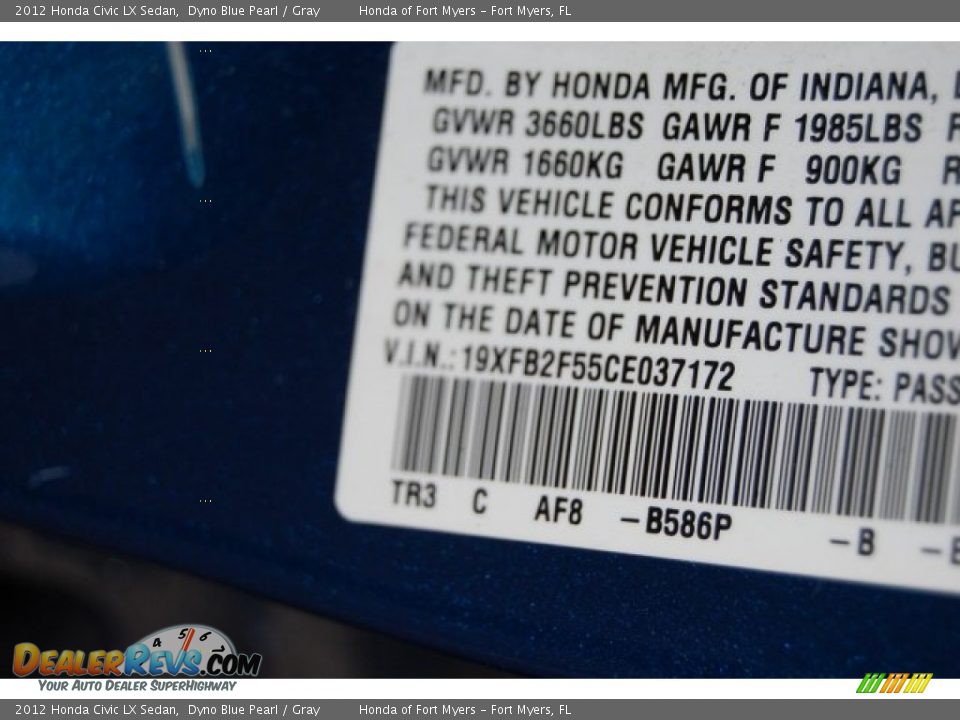2012 Honda Civic LX Sedan Dyno Blue Pearl / Gray Photo #36