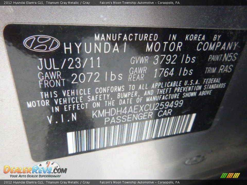 2012 Hyundai Elantra GLS Titanium Gray Metallic / Gray Photo #4
