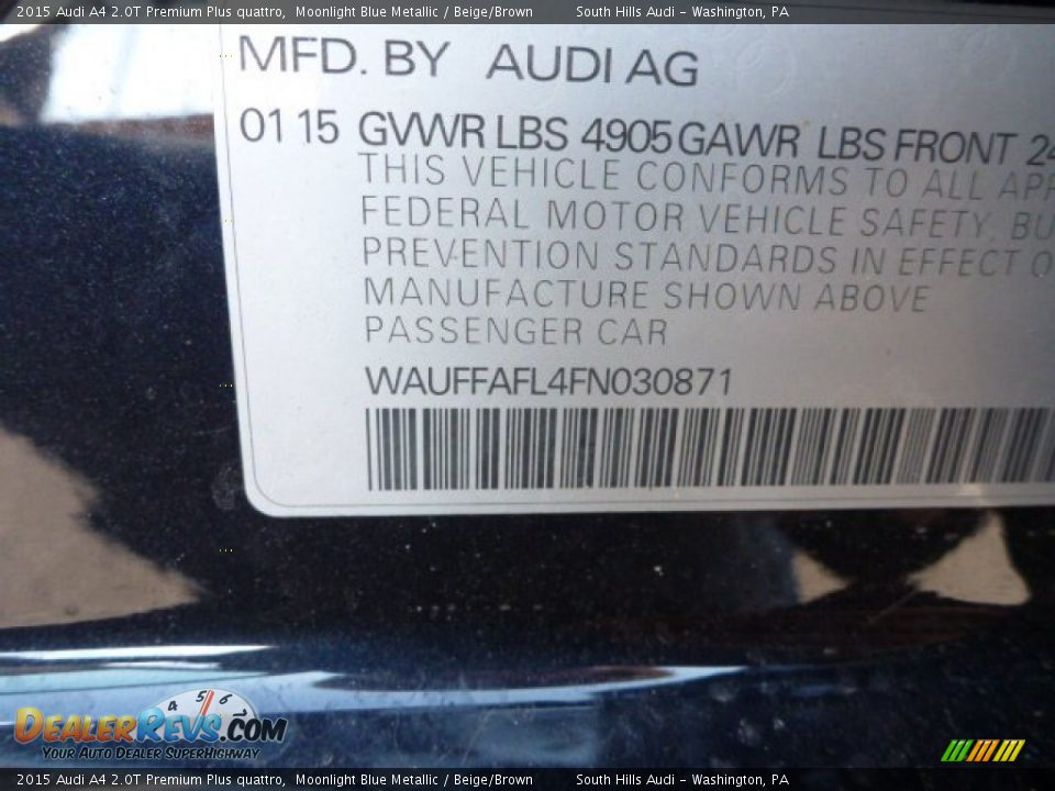 2015 Audi A4 2.0T Premium Plus quattro Moonlight Blue Metallic / Beige/Brown Photo #12