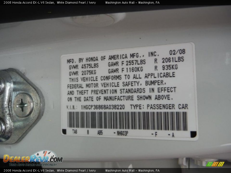 2008 Honda Accord EX-L V6 Sedan White Diamond Pearl / Ivory Photo #19
