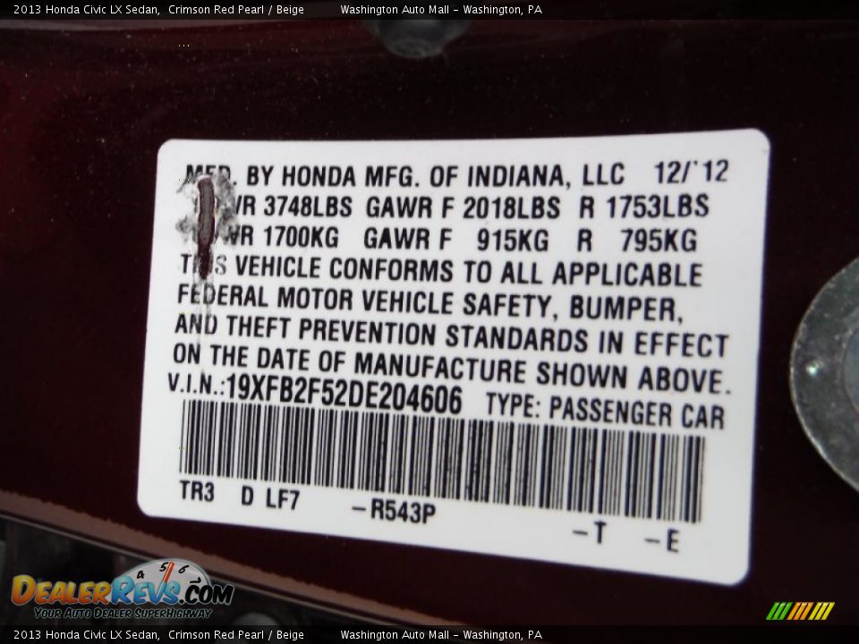 2013 Honda Civic LX Sedan Crimson Red Pearl / Beige Photo #19