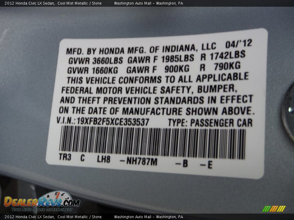 2012 Honda Civic LX Sedan Cool Mist Metallic / Stone Photo #17