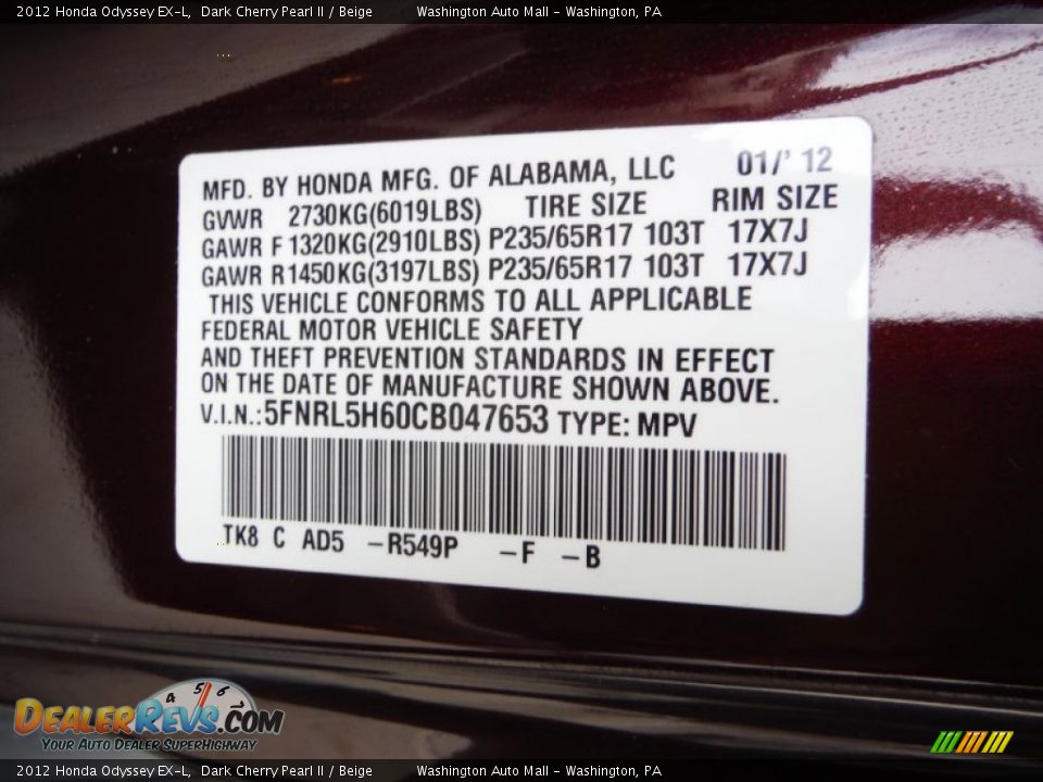 2012 Honda Odyssey EX-L Dark Cherry Pearl II / Beige Photo #19