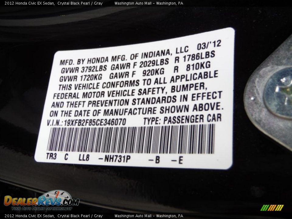 2012 Honda Civic EX Sedan Crystal Black Pearl / Gray Photo #19