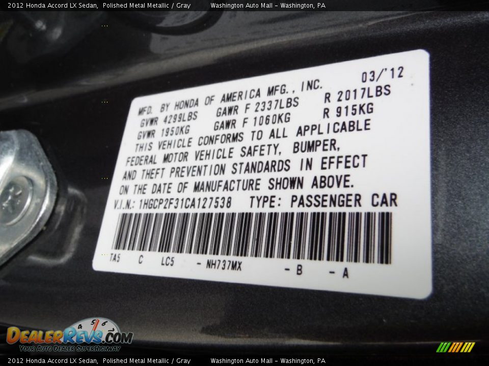 2012 Honda Accord LX Sedan Polished Metal Metallic / Gray Photo #19