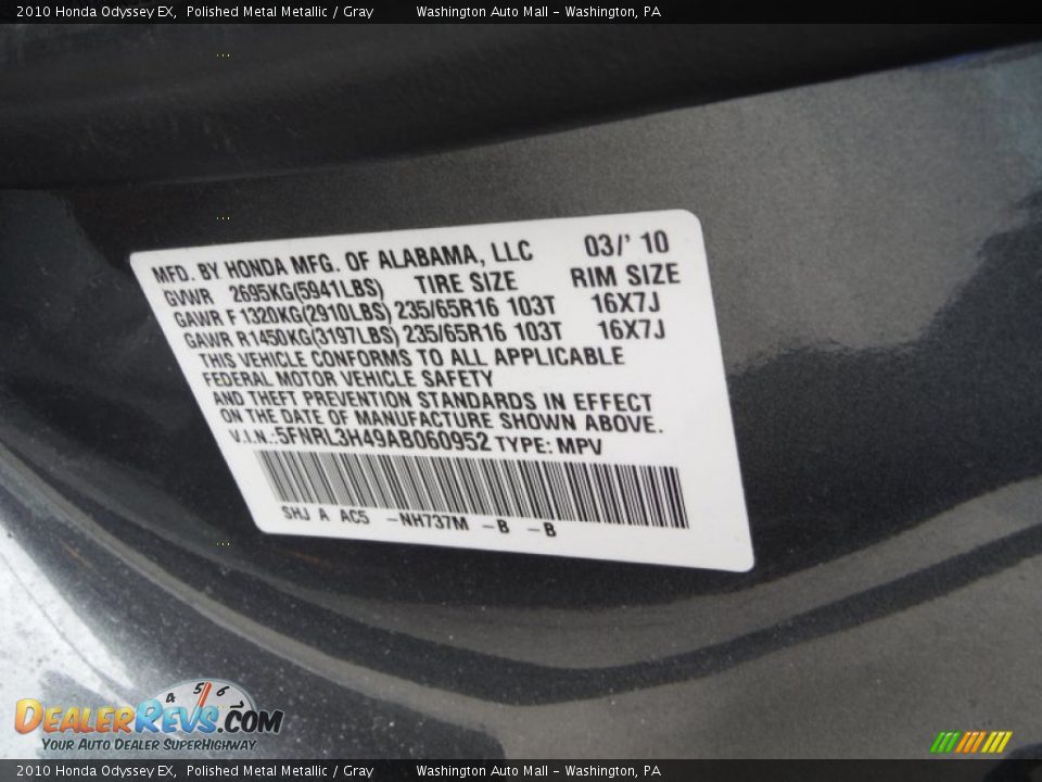 2010 Honda Odyssey EX Polished Metal Metallic / Gray Photo #19