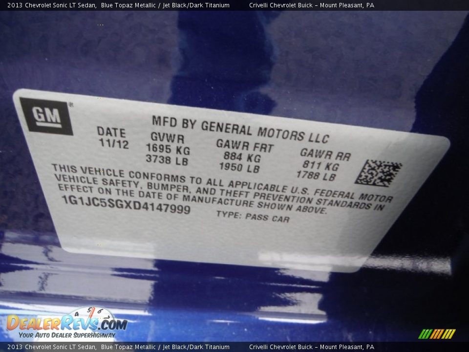 2013 Chevrolet Sonic LT Sedan Blue Topaz Metallic / Jet Black/Dark Titanium Photo #28