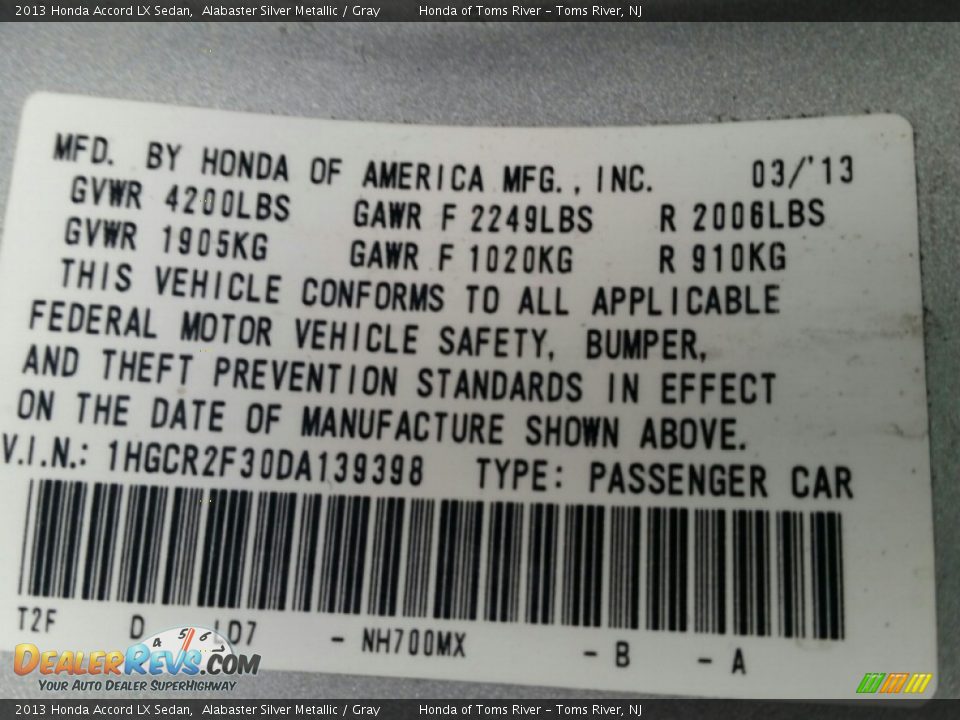 2013 Honda Accord LX Sedan Alabaster Silver Metallic / Gray Photo #15