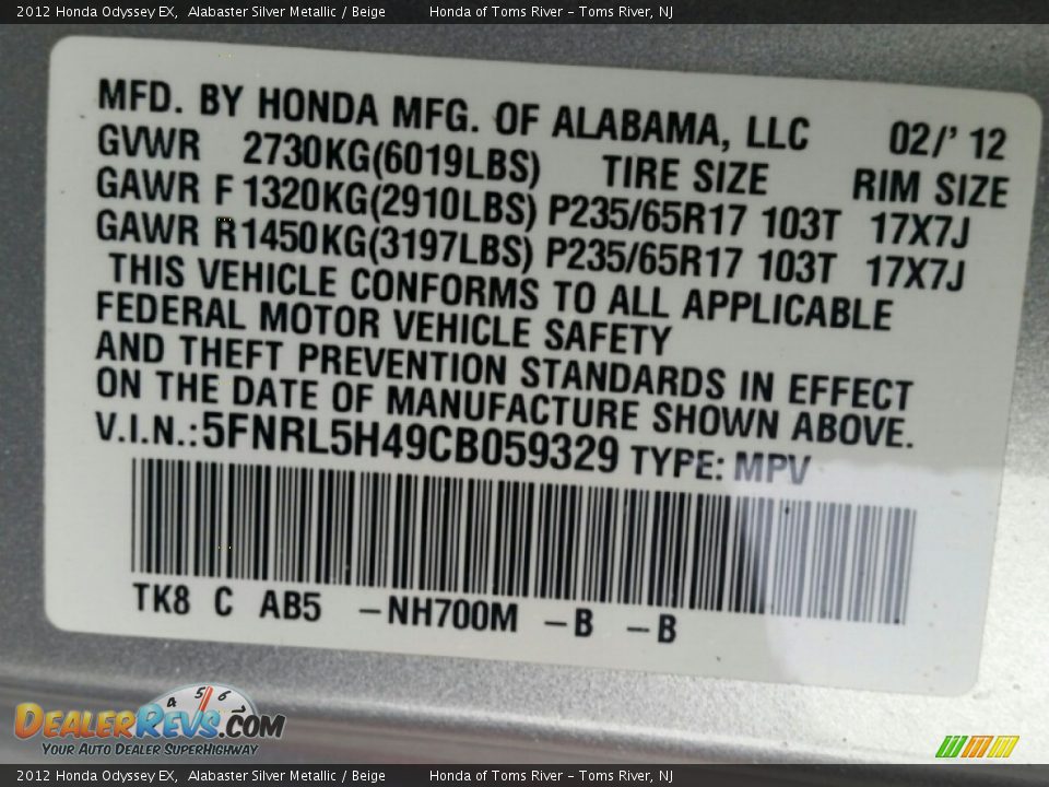 2012 Honda Odyssey EX Alabaster Silver Metallic / Beige Photo #13