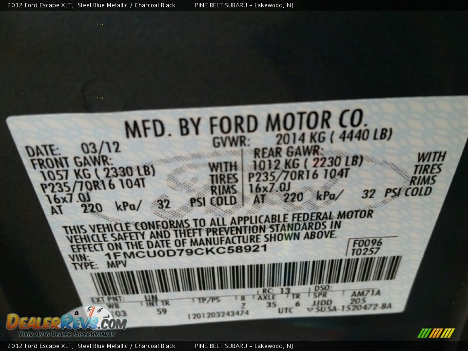 2012 Ford Escape XLT Steel Blue Metallic / Charcoal Black Photo #20