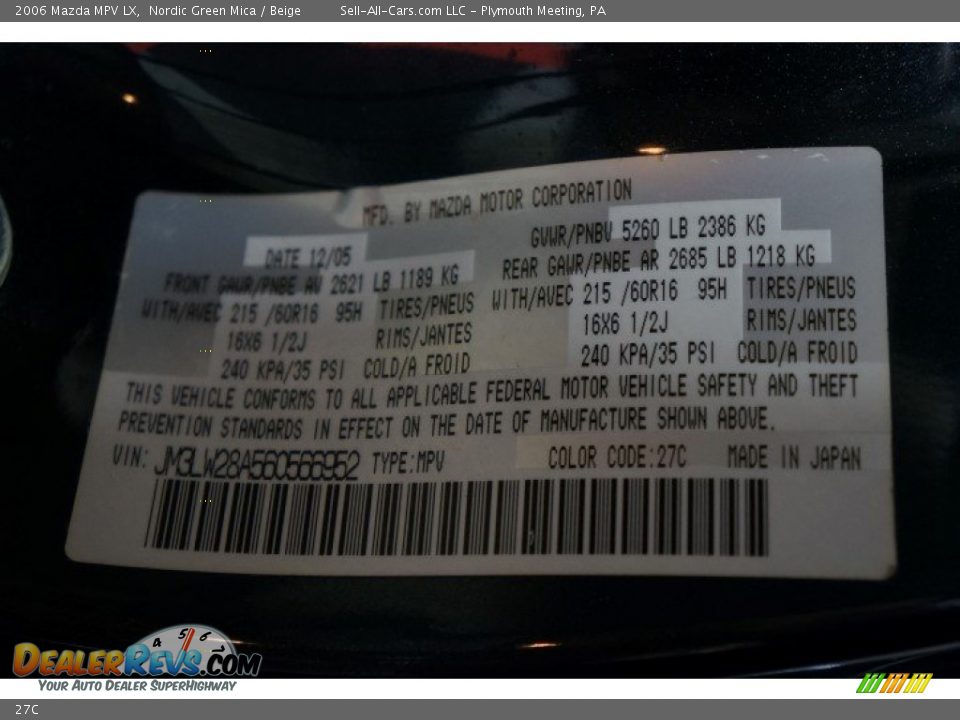 Mazda Color Code 27C Nordic Green Mica