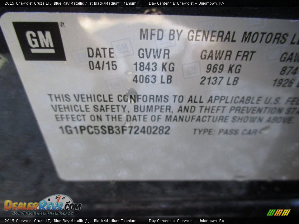 2015 Chevrolet Cruze LT Blue Ray Metallic / Jet Black/Medium Titanium Photo #19