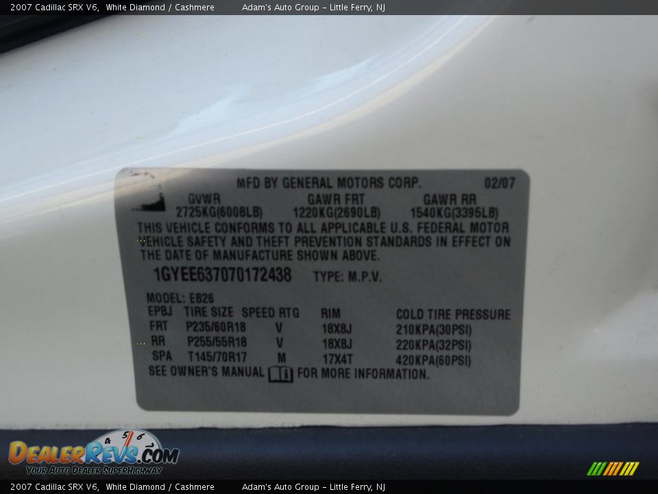 2007 Cadillac SRX V6 White Diamond / Cashmere Photo #27