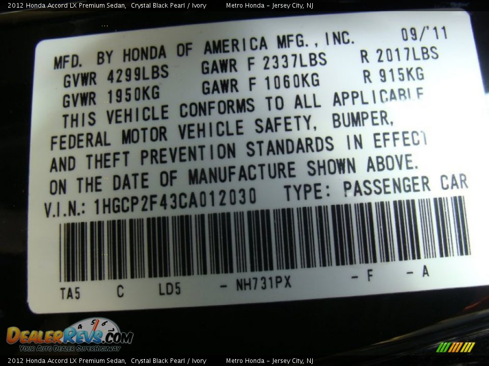 2012 Honda Accord LX Premium Sedan Crystal Black Pearl / Ivory Photo #32