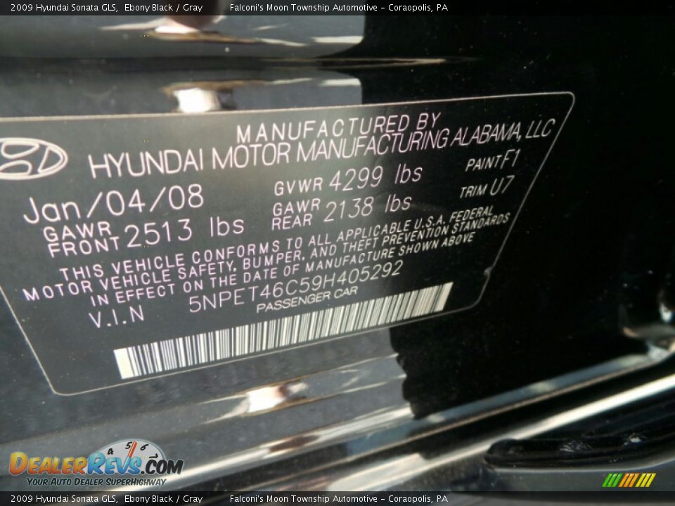 2009 Hyundai Sonata GLS Ebony Black / Gray Photo #19