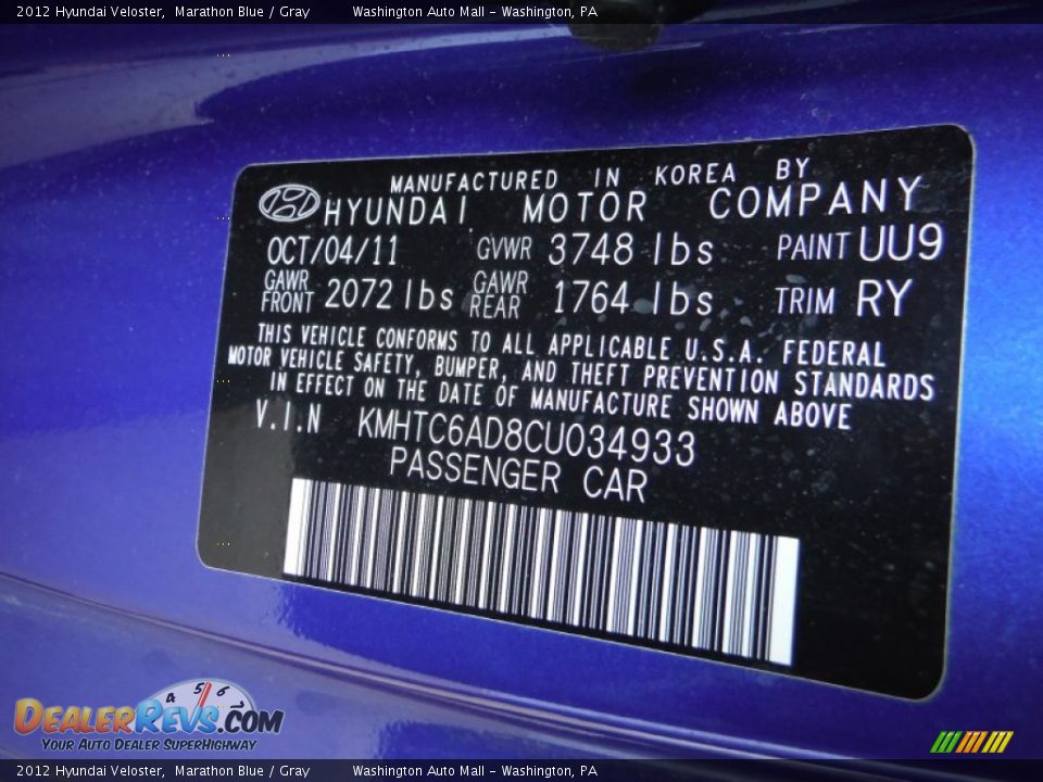 2012 Hyundai Veloster Marathon Blue / Gray Photo #19