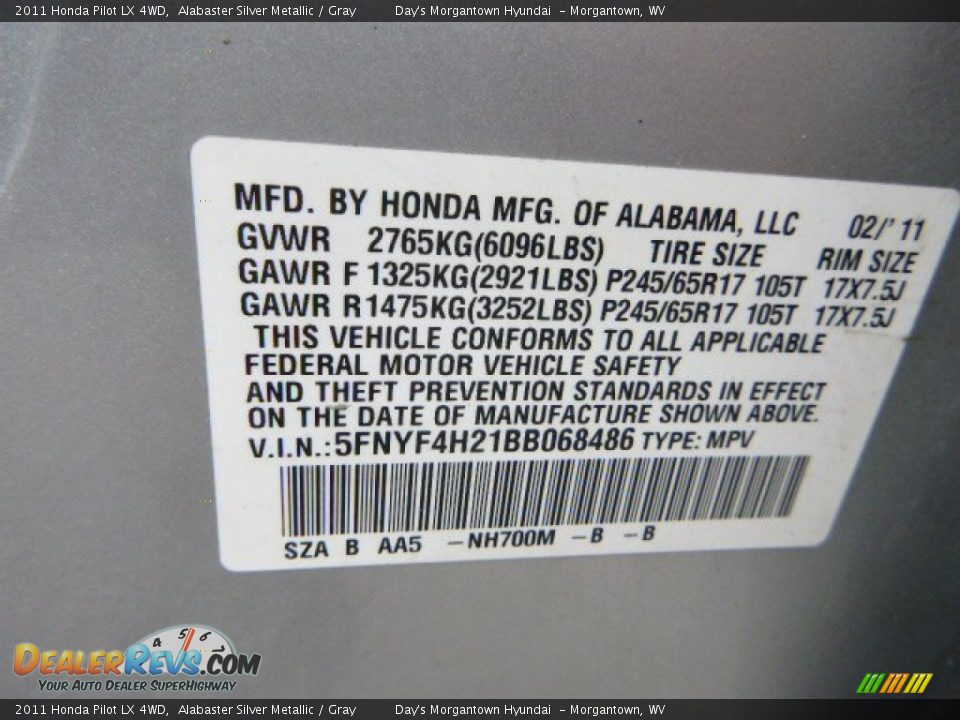 2011 Honda Pilot LX 4WD Alabaster Silver Metallic / Gray Photo #29