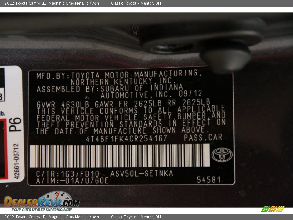 2012 Toyota Camry LE Magnetic Gray Metallic / Ash Photo #17
