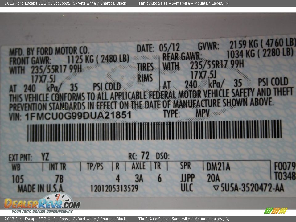 2013 Ford Escape SE 2.0L EcoBoost Oxford White / Charcoal Black Photo #30