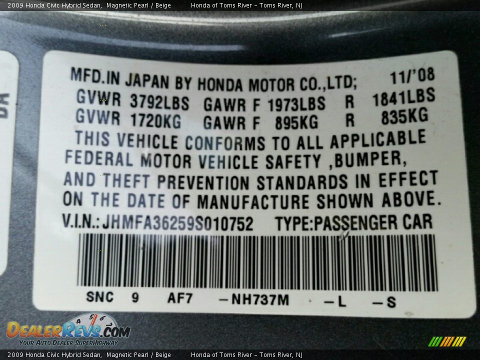2009 Honda Civic Hybrid Sedan Magnetic Pearl / Beige Photo #15