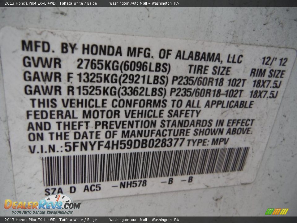 2013 Honda Pilot EX-L 4WD Taffeta White / Beige Photo #22