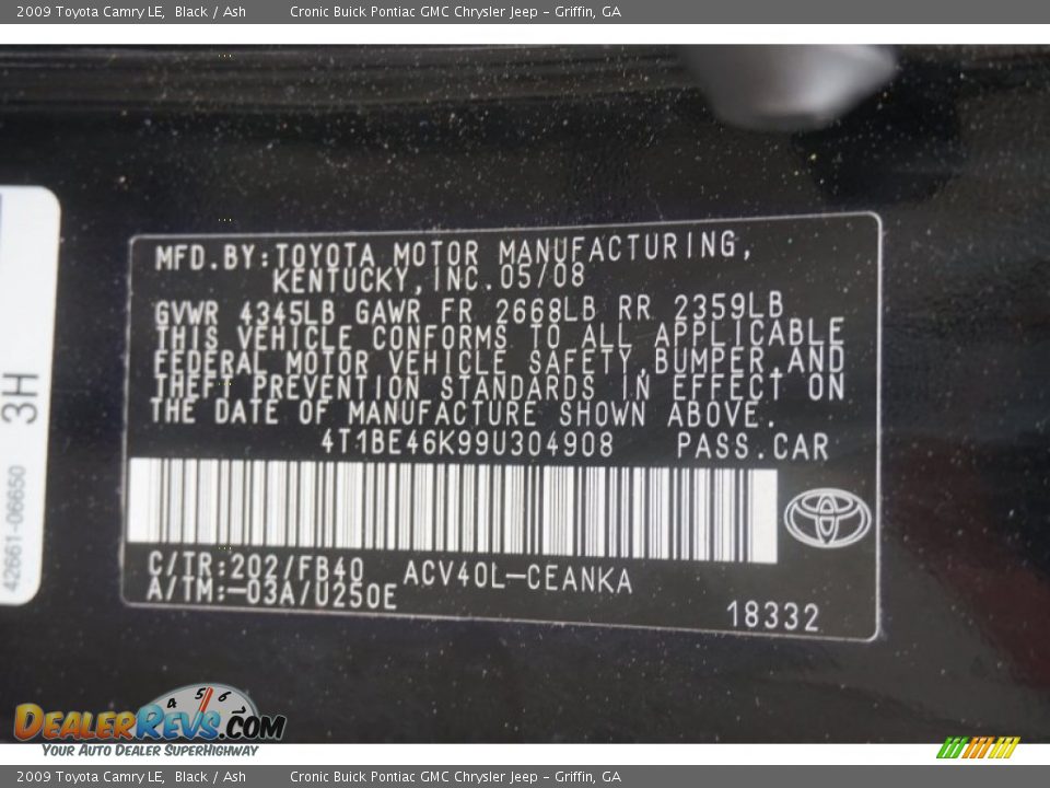 2009 Toyota Camry LE Black / Ash Photo #22