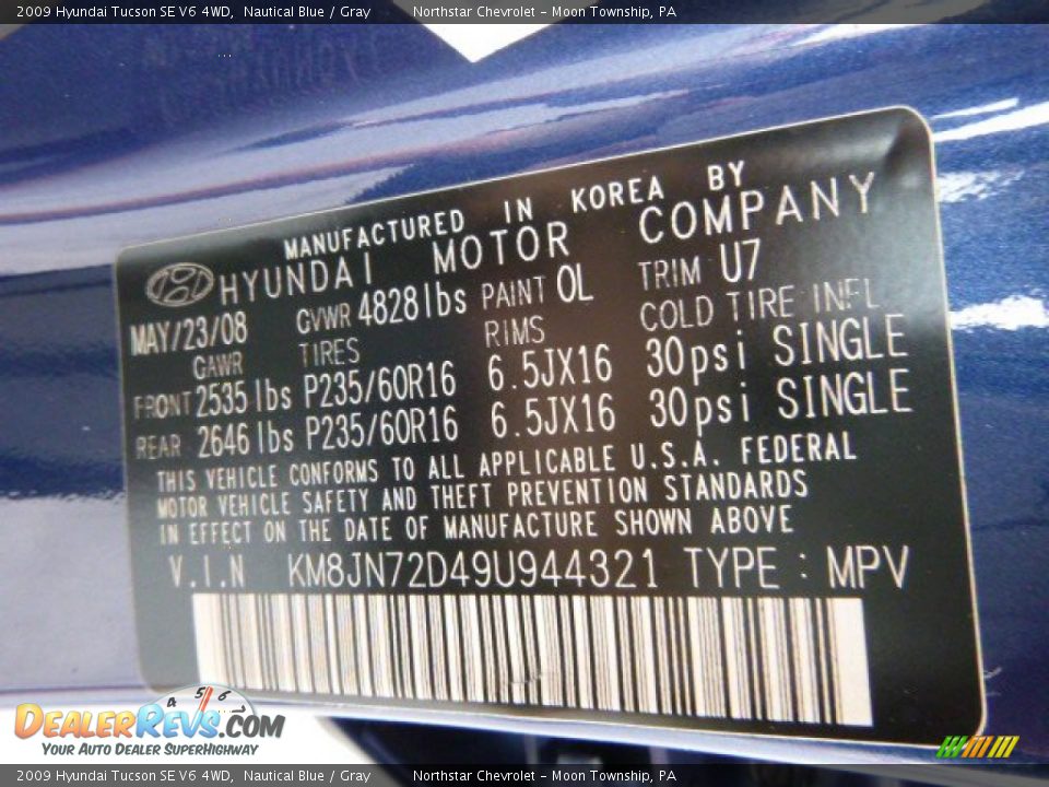 2009 Hyundai Tucson SE V6 4WD Nautical Blue / Gray Photo #19
