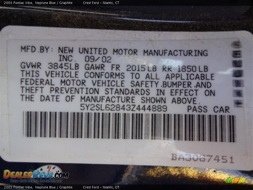 2003 Pontiac Vibe Neptune Blue / Graphite Photo #14