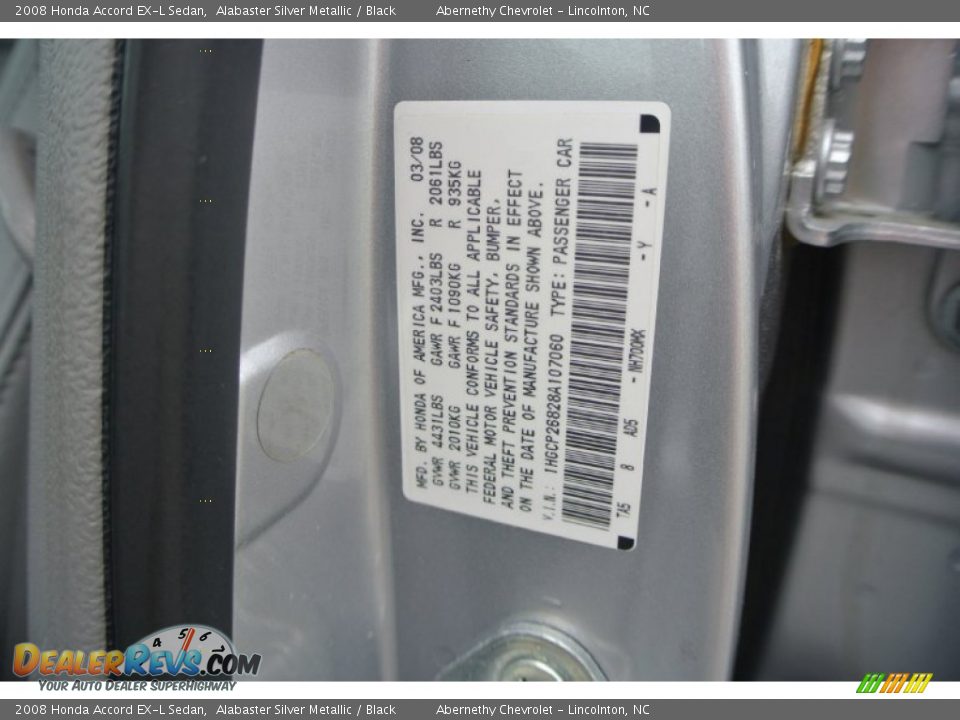 2008 Honda Accord EX-L Sedan Alabaster Silver Metallic / Black Photo #7