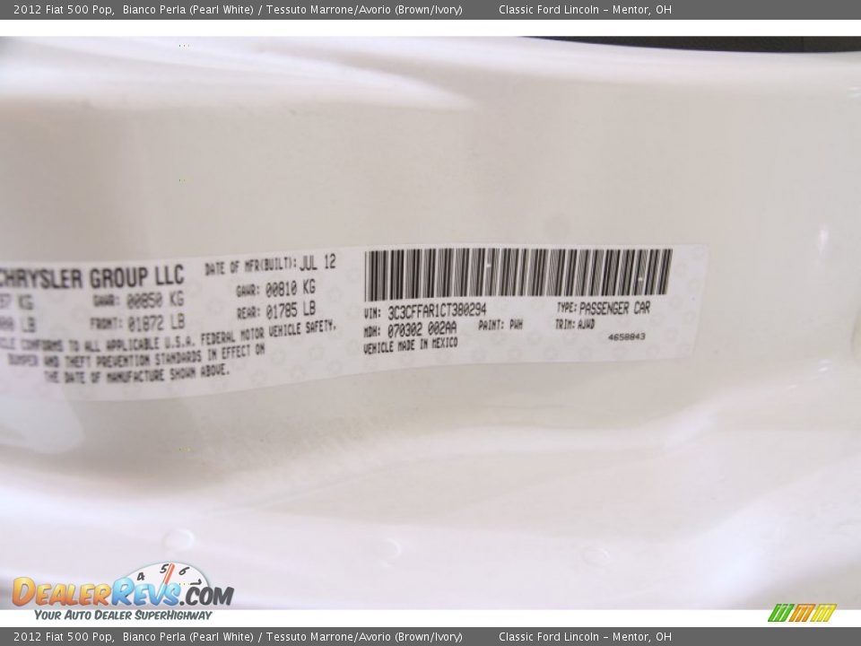 2012 Fiat 500 Pop Bianco Perla (Pearl White) / Tessuto Marrone/Avorio (Brown/Ivory) Photo #17
