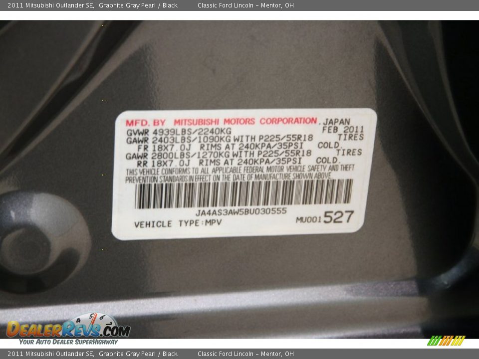 2011 Mitsubishi Outlander SE Graphite Gray Pearl / Black Photo #15
