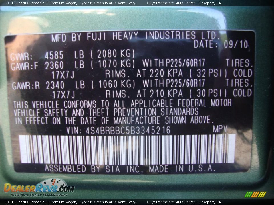 2011 Subaru Outback 2.5i Premium Wagon Cypress Green Pearl / Warm Ivory Photo #26