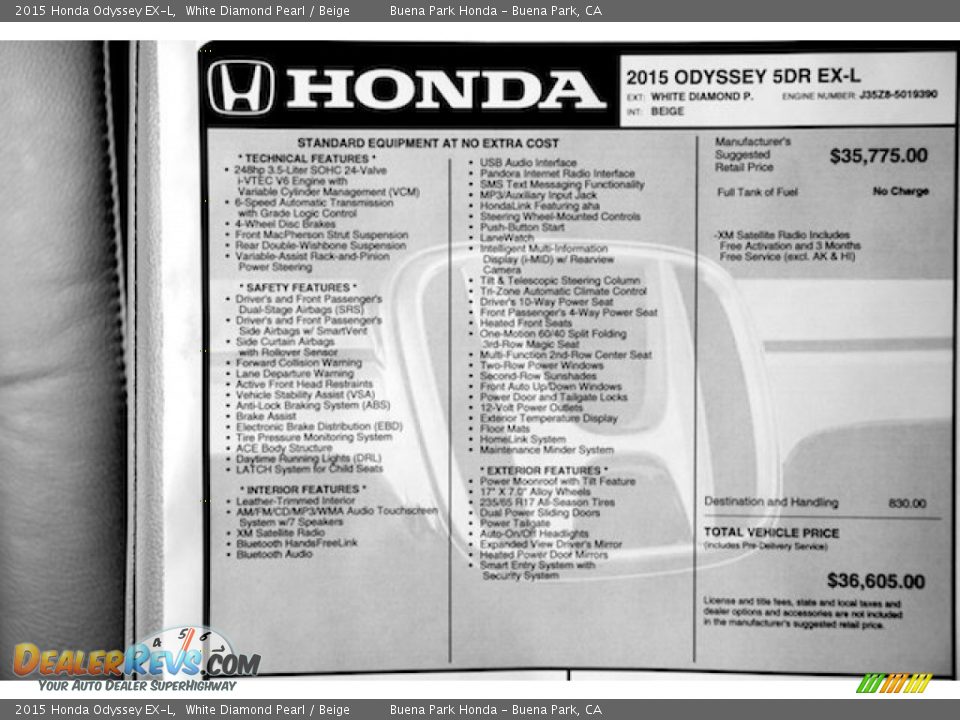 2015 Honda Odyssey EX-L White Diamond Pearl / Beige Photo #26