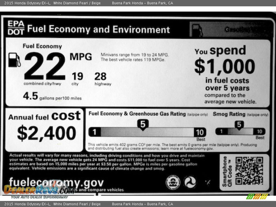 2015 Honda Odyssey EX-L White Diamond Pearl / Beige Photo #27