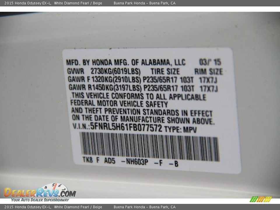 2015 Honda Odyssey EX-L White Diamond Pearl / Beige Photo #28