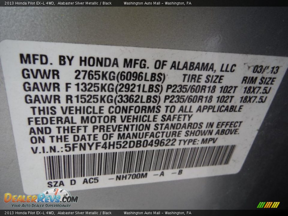 2013 Honda Pilot EX-L 4WD Alabaster Silver Metallic / Black Photo #19