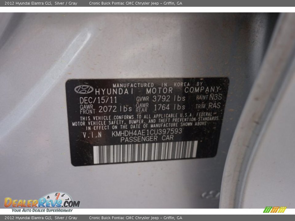 2012 Hyundai Elantra GLS Silver / Gray Photo #22
