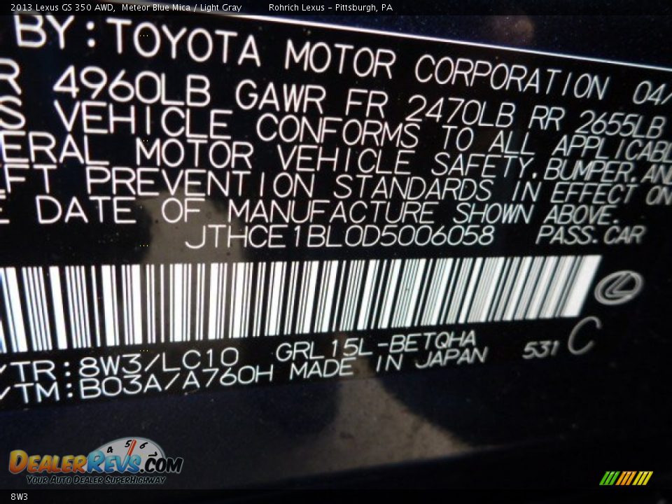 Lexus Color Code 8W3 Meteor Blue Mica