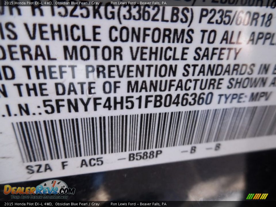 2015 Honda Pilot EX-L 4WD Obsidian Blue Pearl / Gray Photo #16