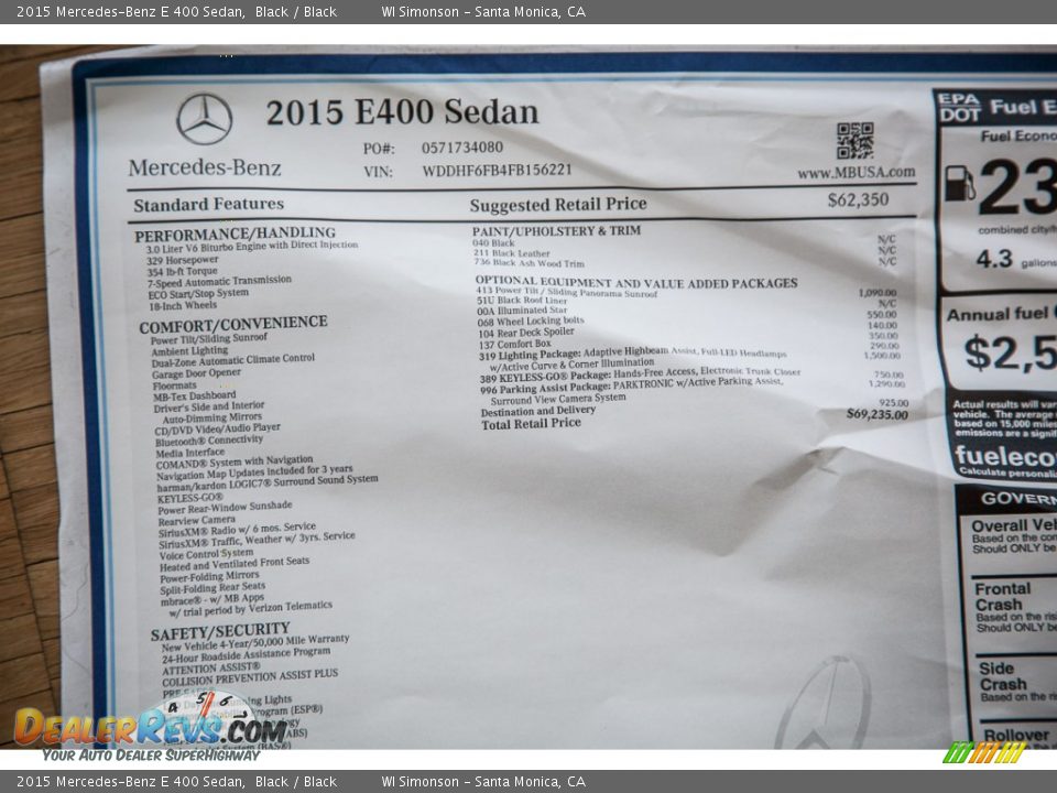2015 Mercedes-Benz E 400 Sedan Window Sticker Photo #11