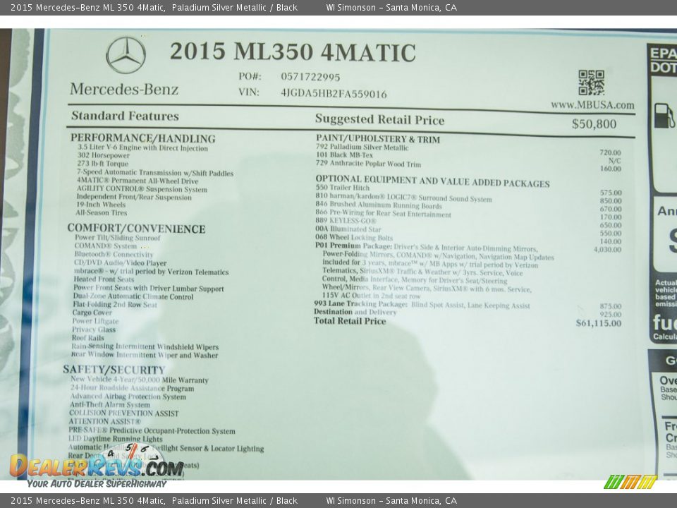 2015 Mercedes-Benz ML 350 4Matic Paladium Silver Metallic / Black Photo #10