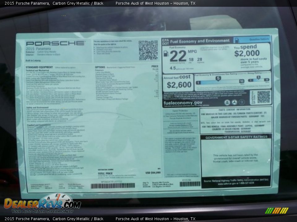 2015 Porsche Panamera Carbon Grey Metallic / Black Photo #32