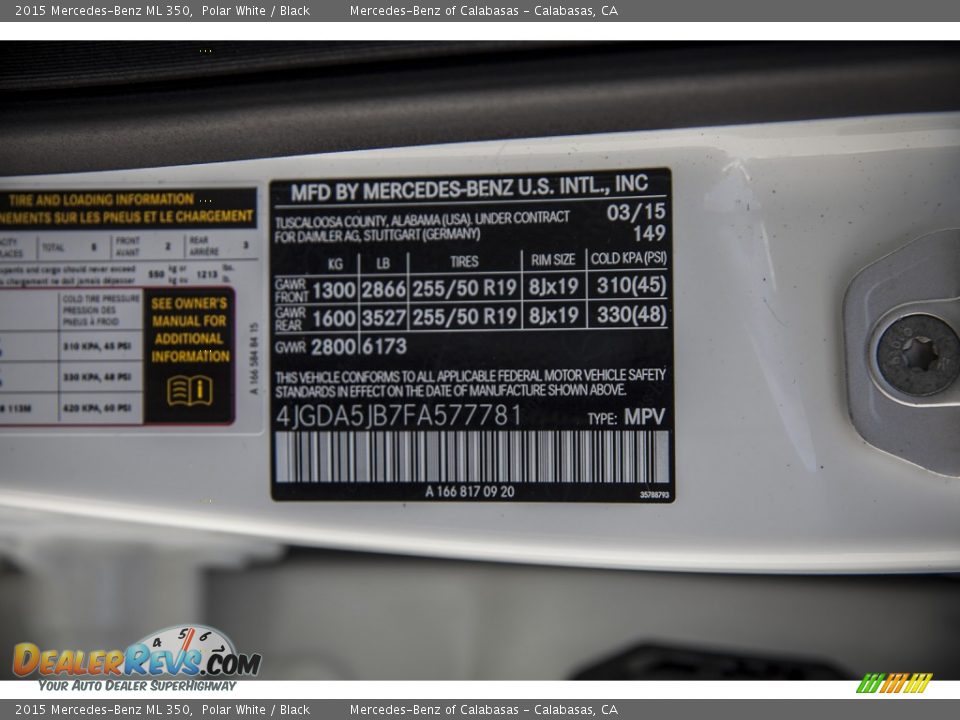 2015 Mercedes-Benz ML 350 Polar White / Black Photo #7