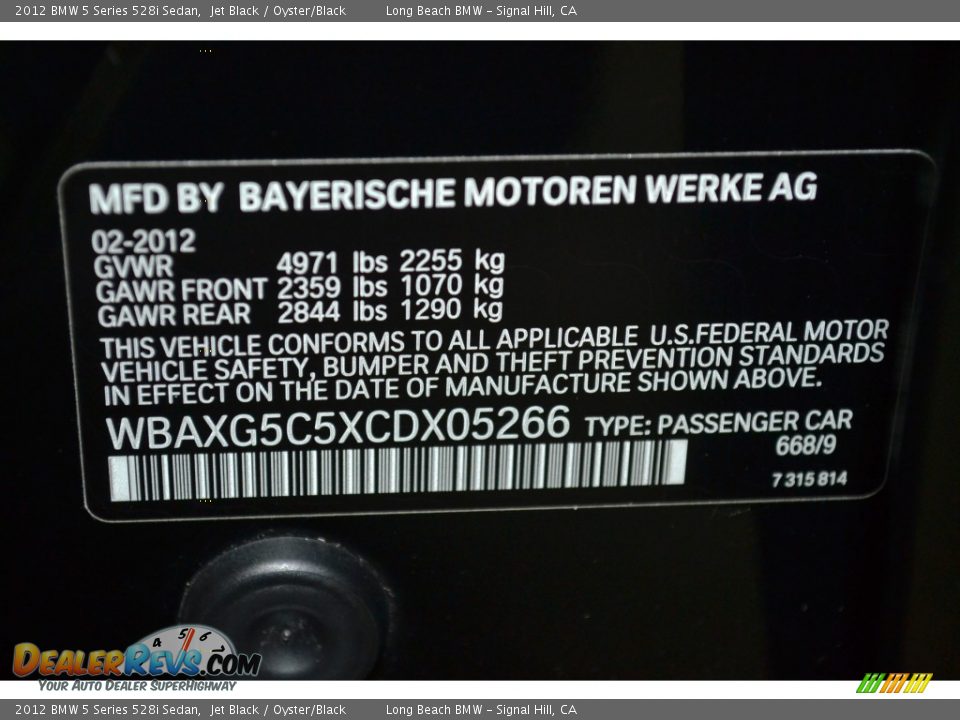 2012 BMW 5 Series 528i Sedan Jet Black / Oyster/Black Photo #11