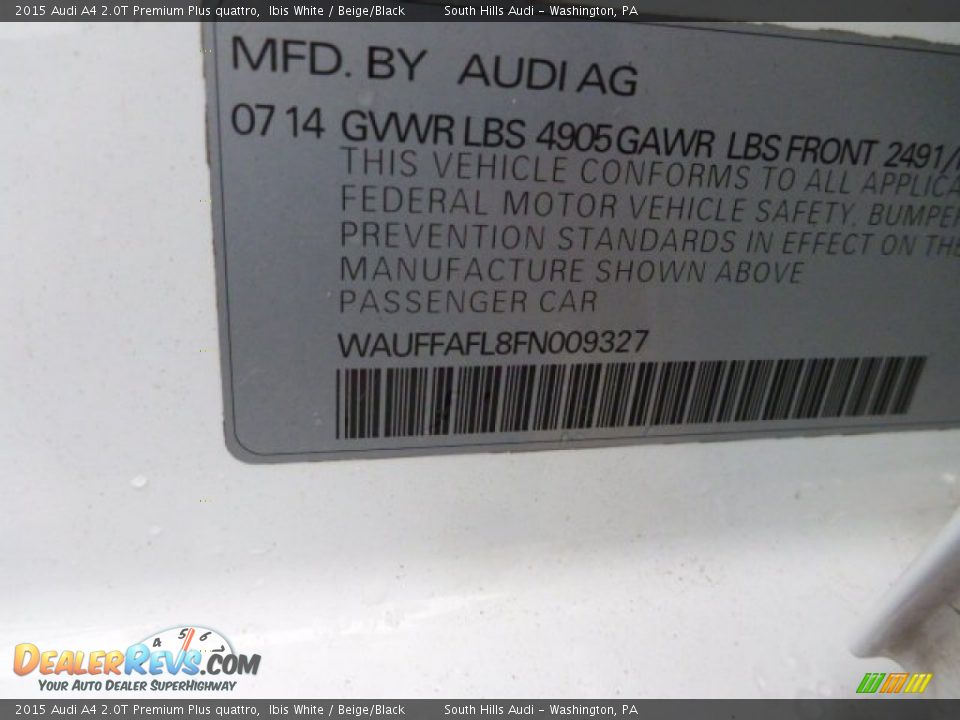 2015 Audi A4 2.0T Premium Plus quattro Ibis White / Beige/Black Photo #13