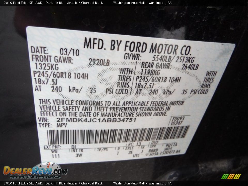 2010 Ford Edge SEL AWD Dark Ink Blue Metallic / Charcoal Black Photo #19