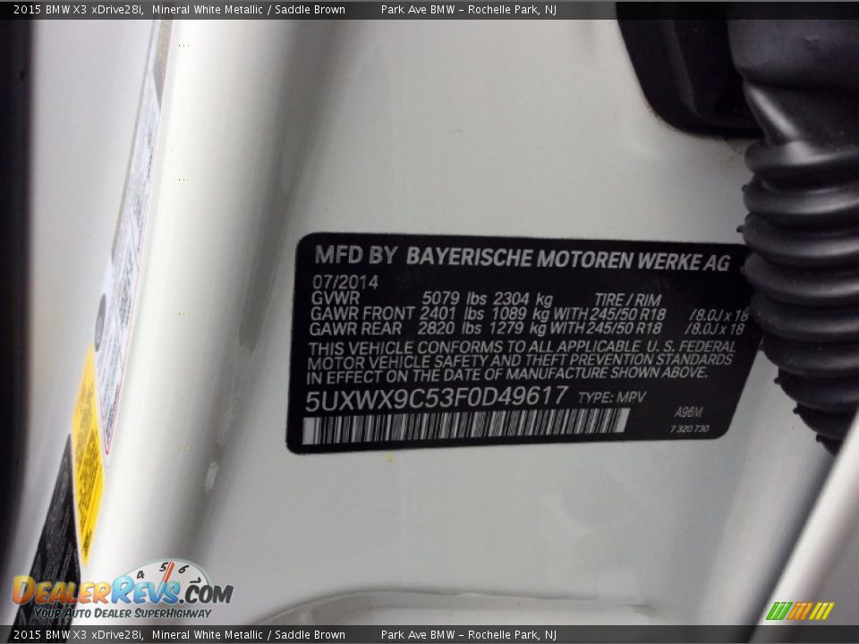 2015 BMW X3 xDrive28i Mineral White Metallic / Saddle Brown Photo #34